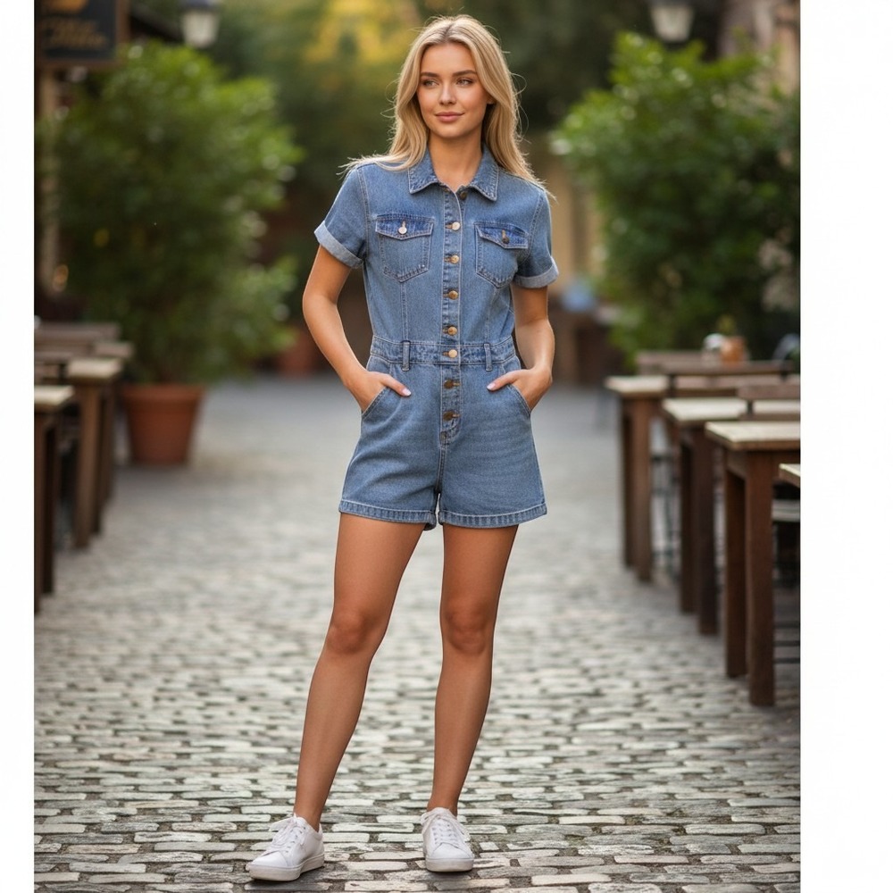 Lioness U Know Whats Up Denim Romper XXS Blue Button Front Short Sleeve Utility